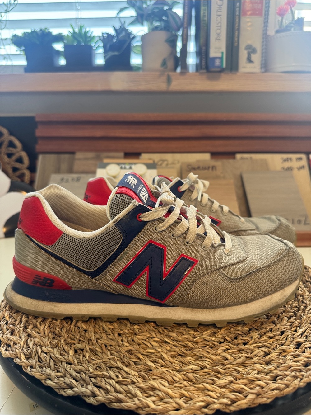 Sooo handsome New Balance Men's 574 Sneakers in Gray with Navy & Red Highlights - Picture 3 of 6
